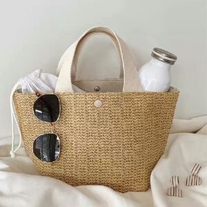 Sunshine Vibez Small Tote Bag, Beach Bag, Straw Tote Handbag White Handle New!